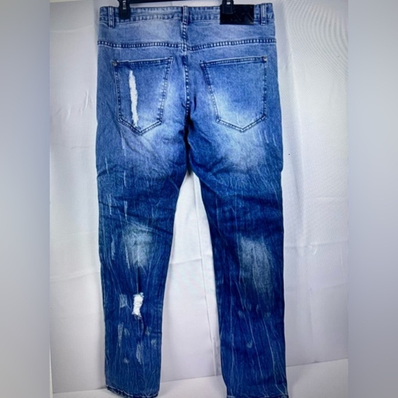 Y&R Men’s Blue Distressed Ribbed Knee Patched Jeans Size 34/32 New - Picture 2 of 11